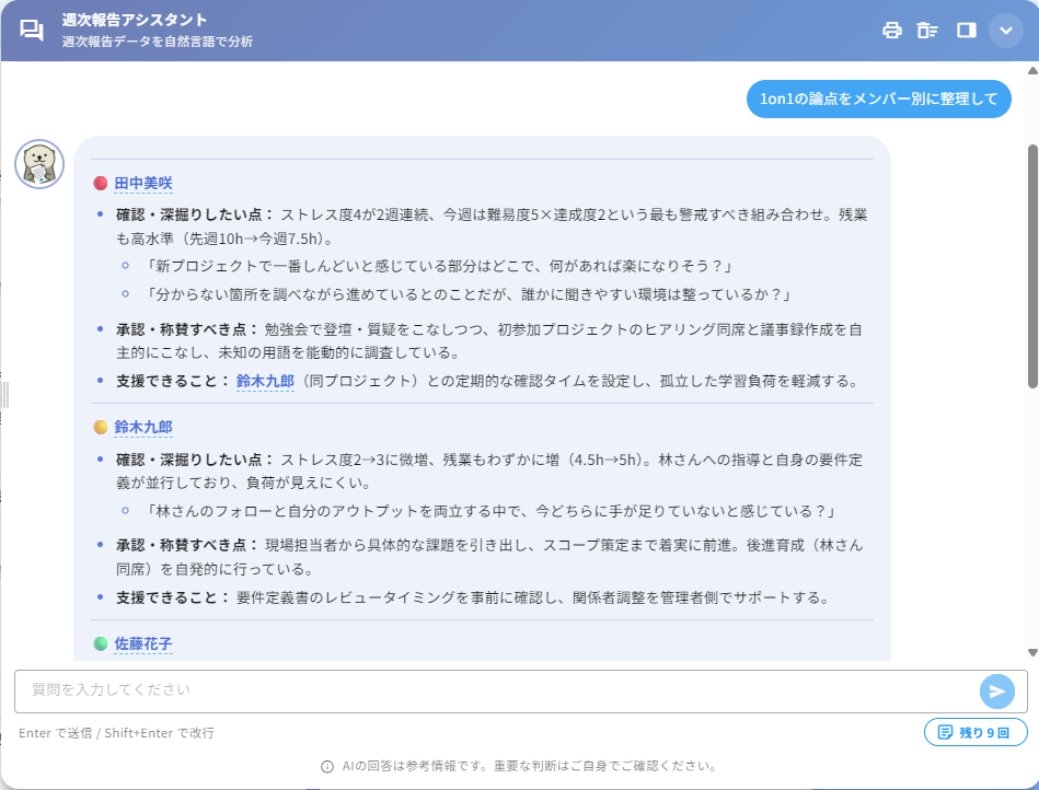 週次報告アシスタントに「1on1の論点をメンバー別に整理して」と依頼した回答。確認したい点・称賛すべき点・支援できることがメンバー別にまとまる