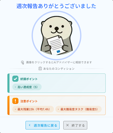 報告完了画面。自己評価や残業時間から読み取れた注意ポイントがその場で表示される