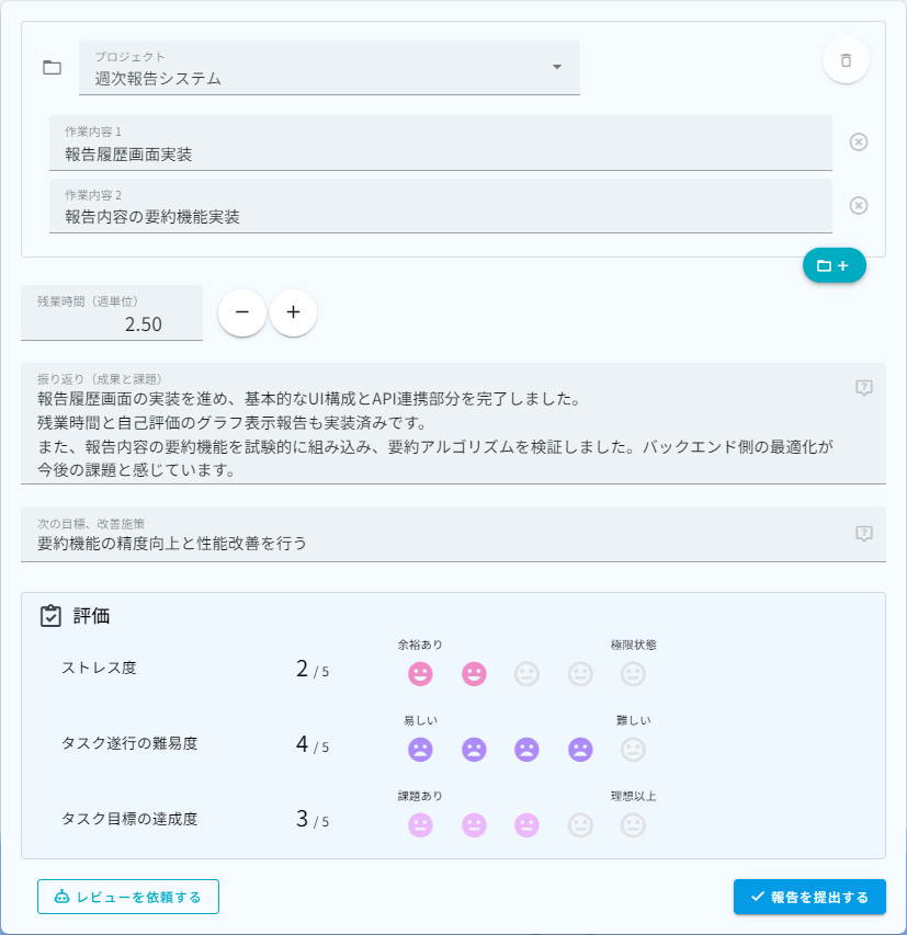 週次報告の入力画面。記述3項目と5段階の自己評価だけのシンプルな構成